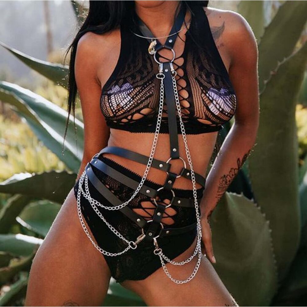 Leather Waist Chain Belt Gothic Rave Body Harness Women Accessories - Picture 7 of 7